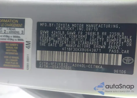 2011 Toyota Camry Le z USA, uszkodzony, nr VIN 4T1BF3EKXBU643871